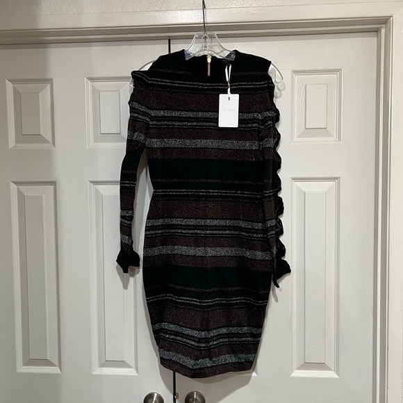 NWT TED BAKER SIMONA BLACK LUREX STRIPED BOW DETAIL DRESS SIZE TB 1 - Picture 2 of 13